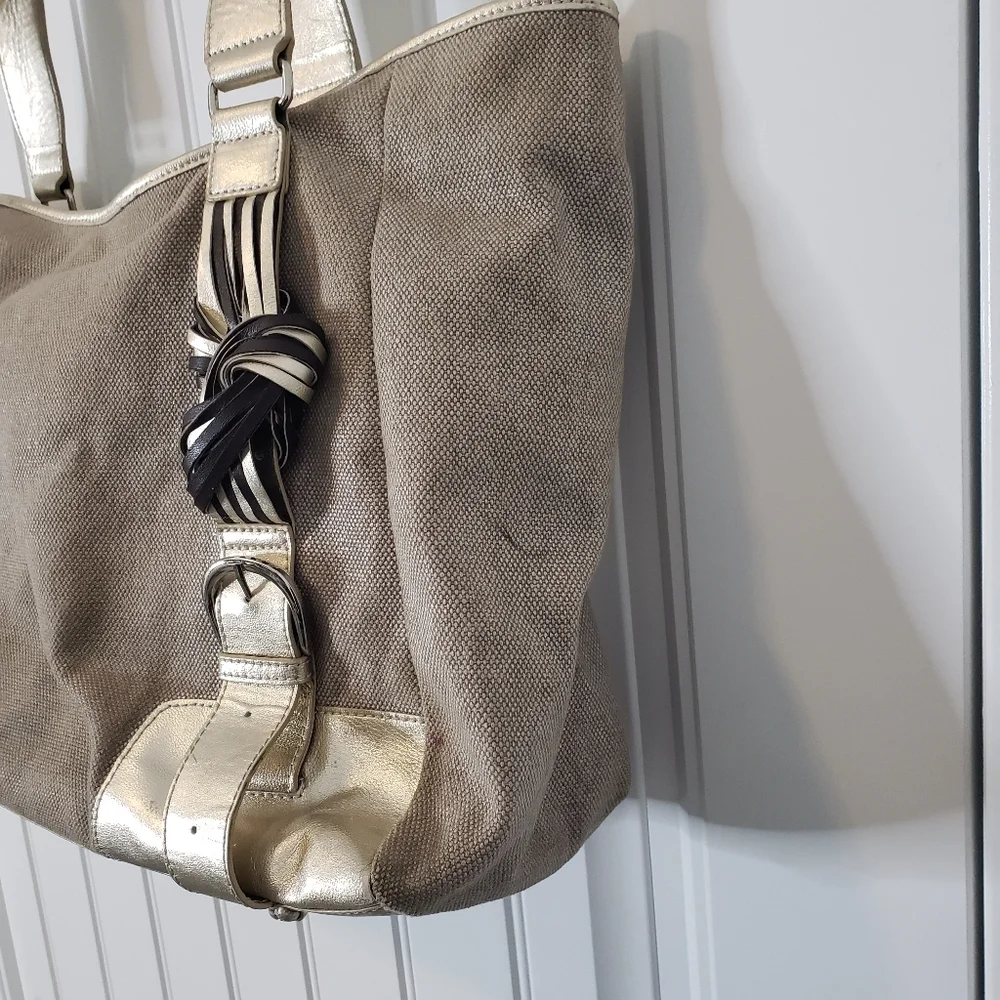 Katherine Kwei Woven Canvas Metallic And Beige Faux Leather Tote‎ Hobo Handbag